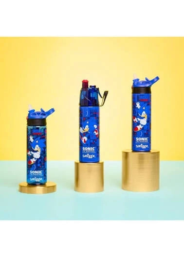 Set of three junior water bottles with blue Sonic graphics and flip lids