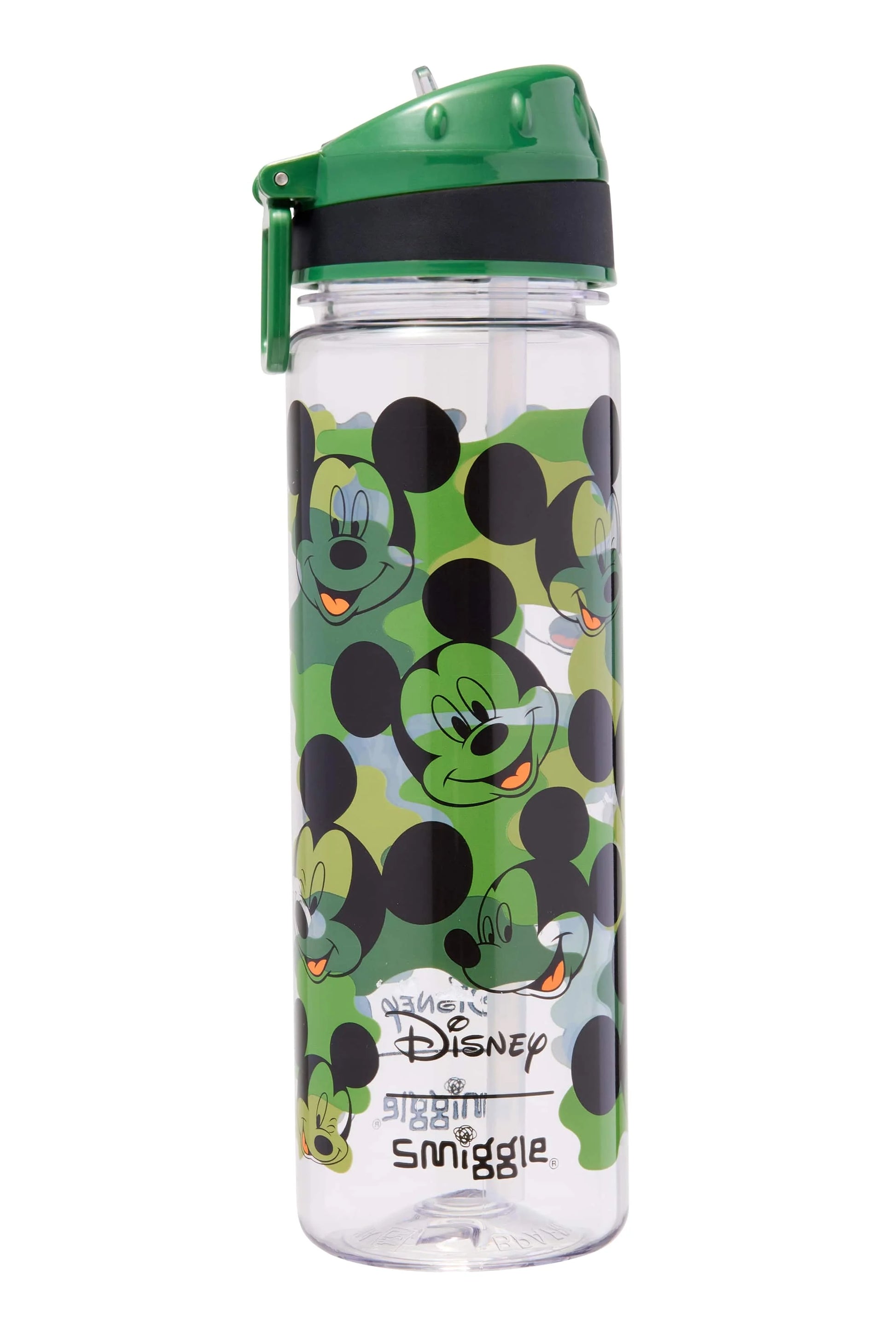 Smiggle Mickey-themed water bottle with green cap, clear body, all-over mouse print