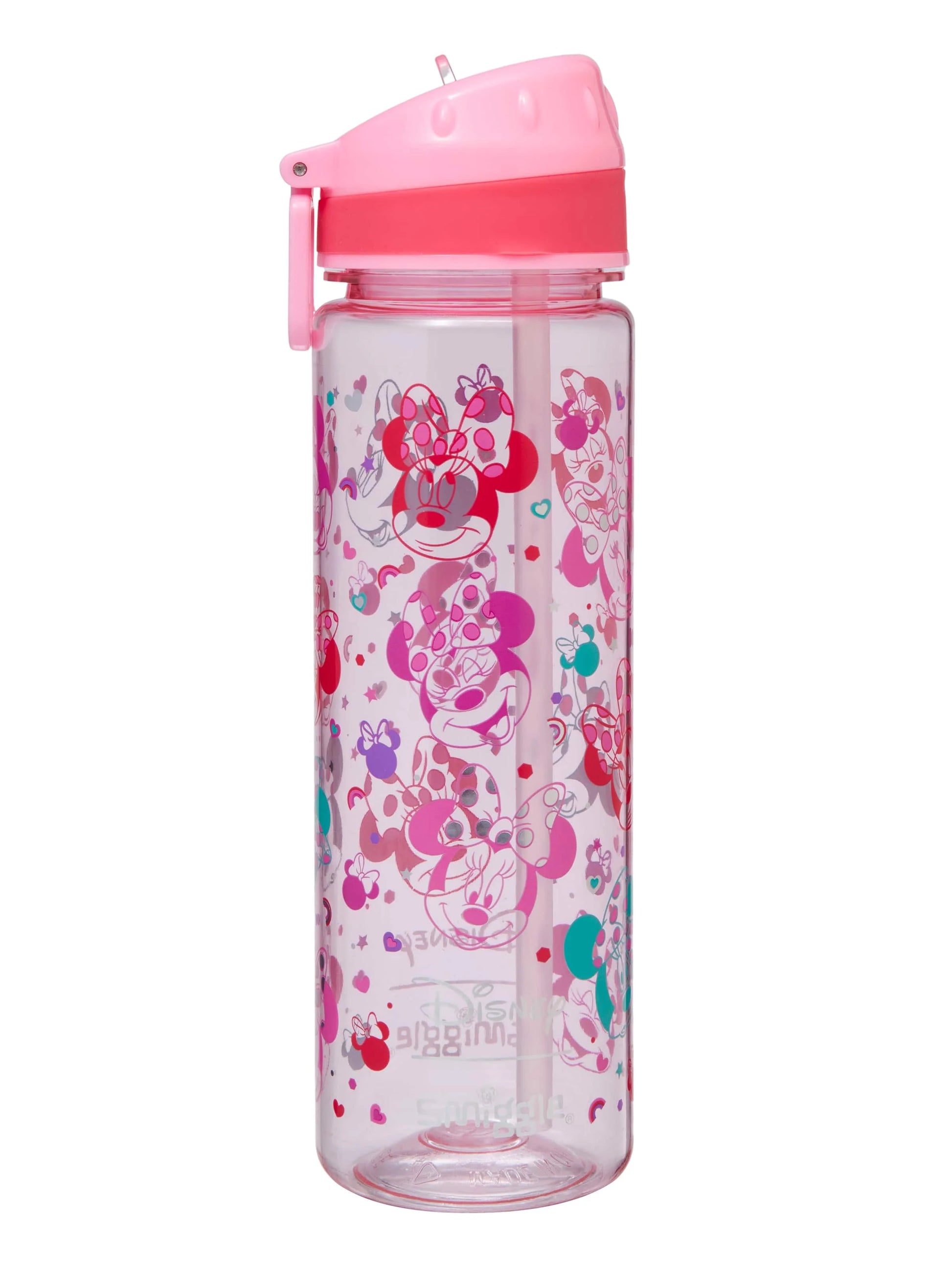 Pink Minnie Mouse water bottle with character print and flip-top lid