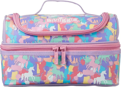 Smiggle lunch bag with pastel unicorn pattern, pink zip and carry handle