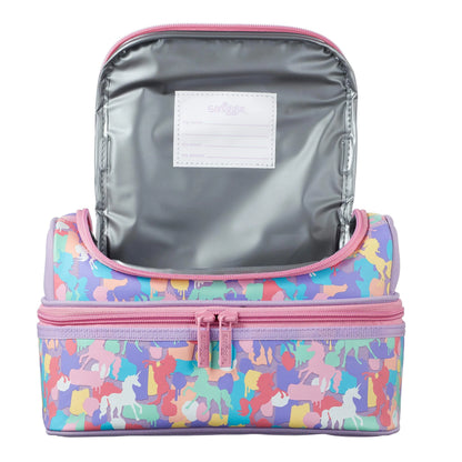 Smiggle lunch bag back view with gray-lined pocket, unicorn print, pink zipper