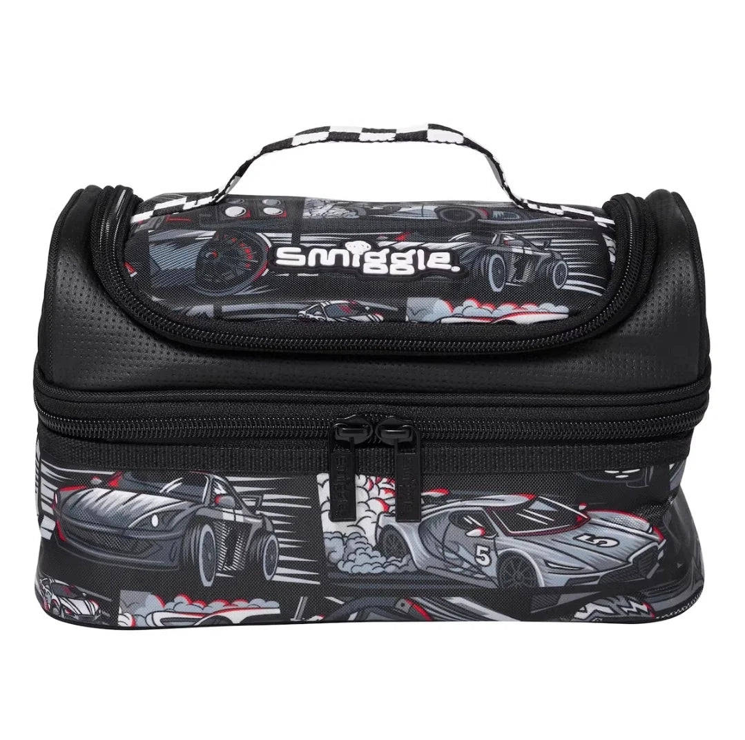 Black lunch bag with car graphic, zip top and carry handle