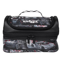 Black lunch bag with car graphic, zip top and carry handle