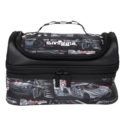 Black lunch bag with car graphic, zip top and carry handle