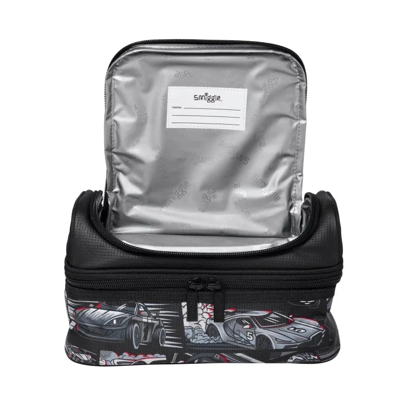 Black lunch bag with silver insulated lining and stitched label