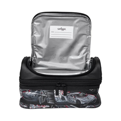 Black lunch bag with silver insulated lining and stitched label