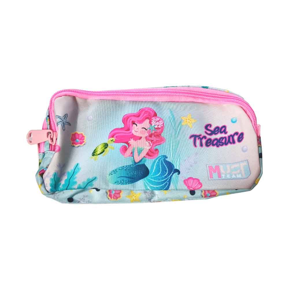 2-compartment mermaid pencil case, mint blue with Sea Treasure print, pink zipper