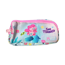 2-compartment mermaid pencil case, mint blue with Sea Treasure print, pink zipper