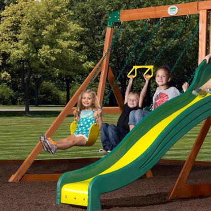 Wooden swing set with green-and-yellow slide and two swing chains