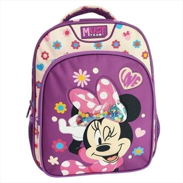 Kids Minnie Mouse backpack in purple with 'Must Team' badge and front character art