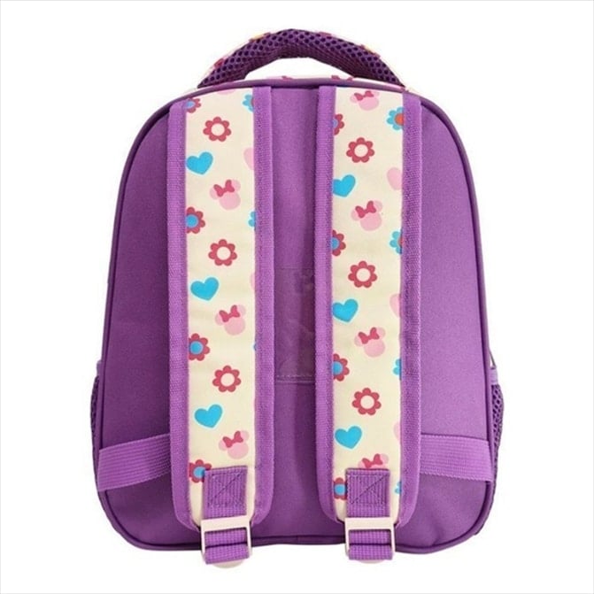 Kids character backpack, purple with floral front panel and two front straps
