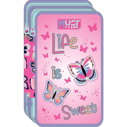 Triple-decker pink pencil case with butterfly graphics and 'Life is Sweet' text