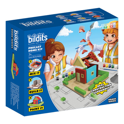 Precast Home Kit retail box with house-building scene and step icons