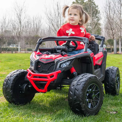 Red and black ride-on UTV with open cab, roll cage, and child driver