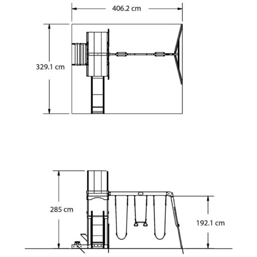 Wood swing playset dimension diagram with ladder and swing overview