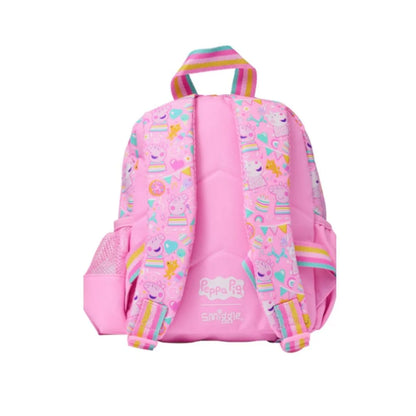 Pink kids' mini backpack with Peppa Pig character print and striped straps