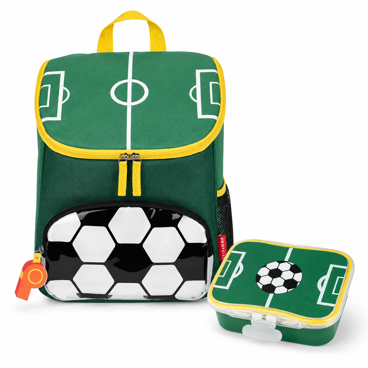 Green kids football backpack set with matching soccer lunch box, yellow accents