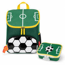 Green kids football backpack set with matching soccer lunch box, yellow accents