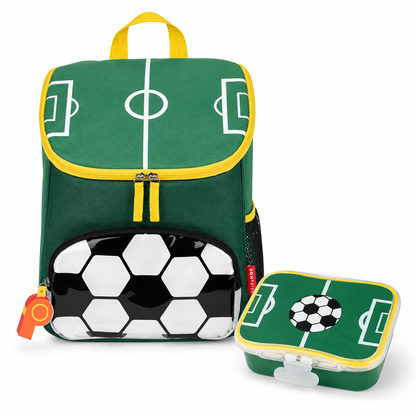 Green kids football backpack set with matching soccer lunch box, yellow accents