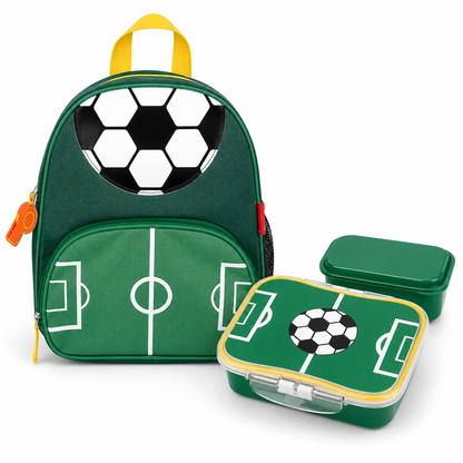 Green kids football backpack set with matching lunch box and lid