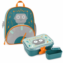Kids robot backpack with lunch box and containers, teal and orange