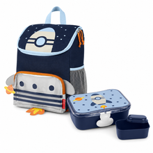 Rocket-themed kids backpack with matching lunchbox and containers set, navy and light blue