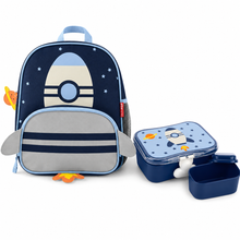 Kids rocket backpack set with navy backpack, lunchbox, and snack containers