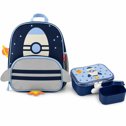 Kids rocket backpack set with navy backpack, lunchbox, and snack containers
