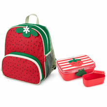 Strawberry kids lunch set: red backpack, striped lunch box, and two red containers