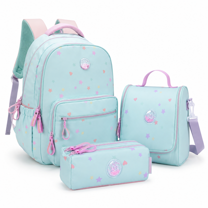 Kids school set with light blue backpack, matching lunch bag, and pencil case
