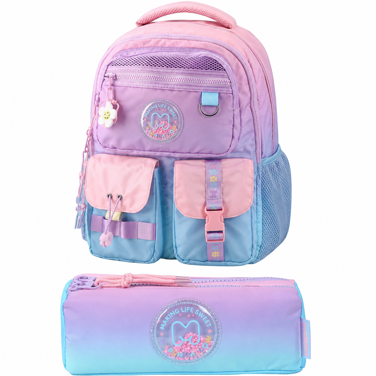 Kids backpack set with pastel pink and blue, front pockets and zip pencil case