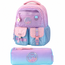 Kids backpack set with pastel pink and blue, front pockets and zip pencil case