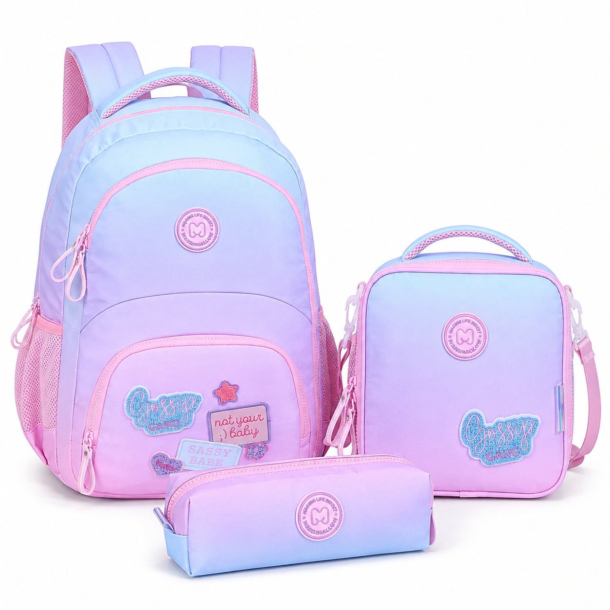Pastel lavender school set with matching backpack, small shoulder bag, and zip pencil case