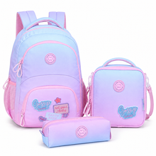 Pastel lavender school set with matching backpack, small shoulder bag, and zip pencil case