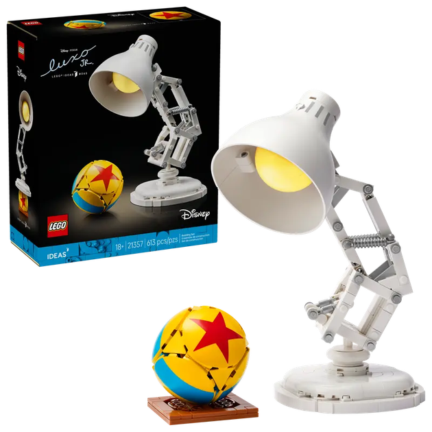 White LEGO Pixar lamp with adjustable head and warm yellow spotlight
