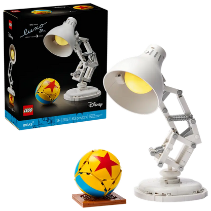 White LEGO Pixar lamp with adjustable head and warm yellow spotlight