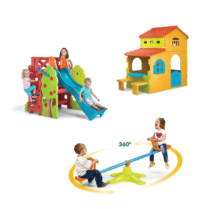 Kids outdoor playhouse playset with slide and seesaw base, colorful plastic