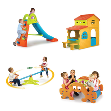 Kids' outdoor play bundle with slide, toy house, and activity play pieces