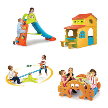 Kids' outdoor play bundle with slide, toy house, and activity play pieces