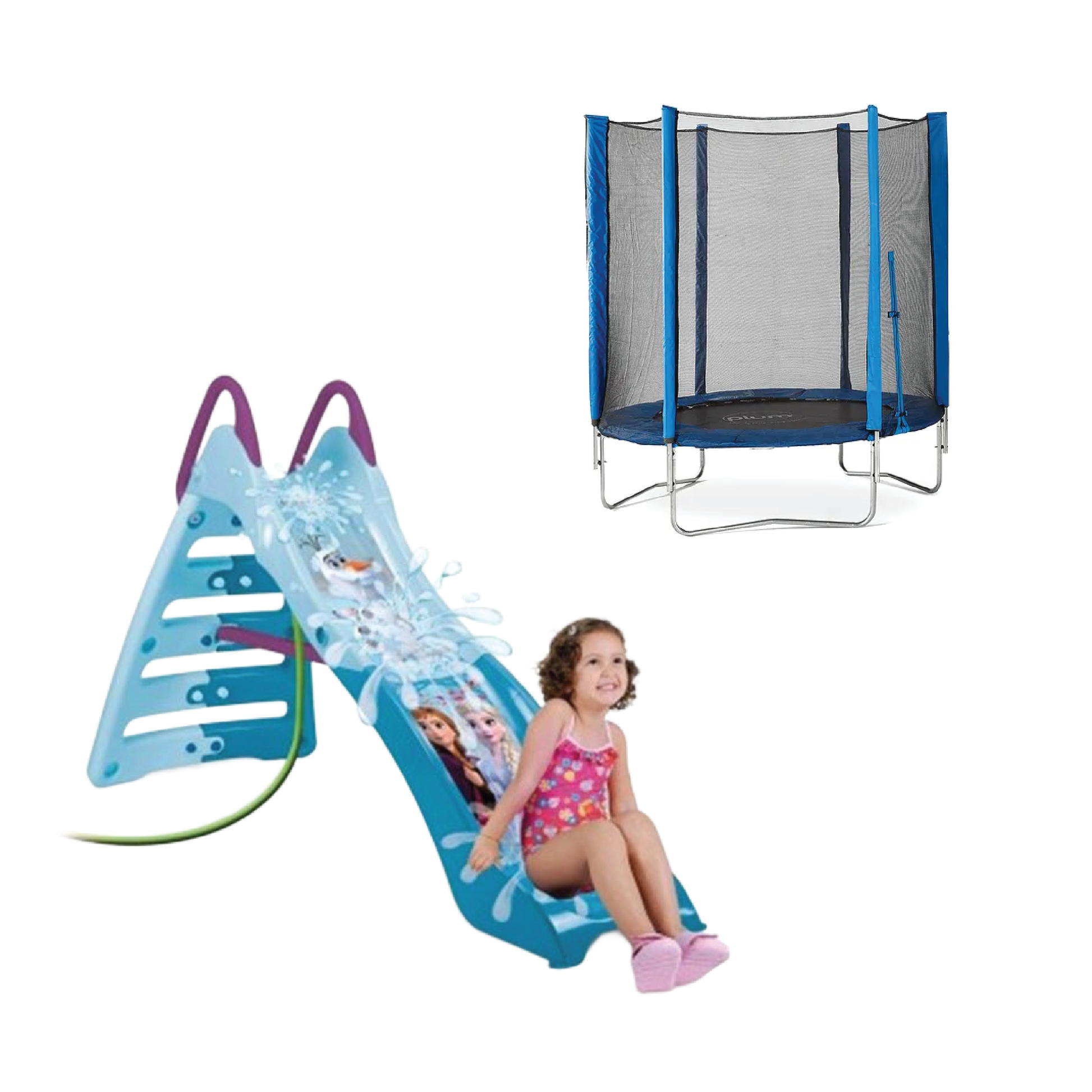 Kids' slide and trampoline set with blue ice-themed slide and blue mesh trampoline