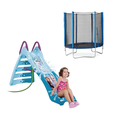 Kids' slide and trampoline set with blue ice-themed slide and blue mesh trampoline