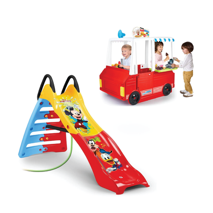 Kids slide with Mickey graphics, red blue yellow plastic play ramp