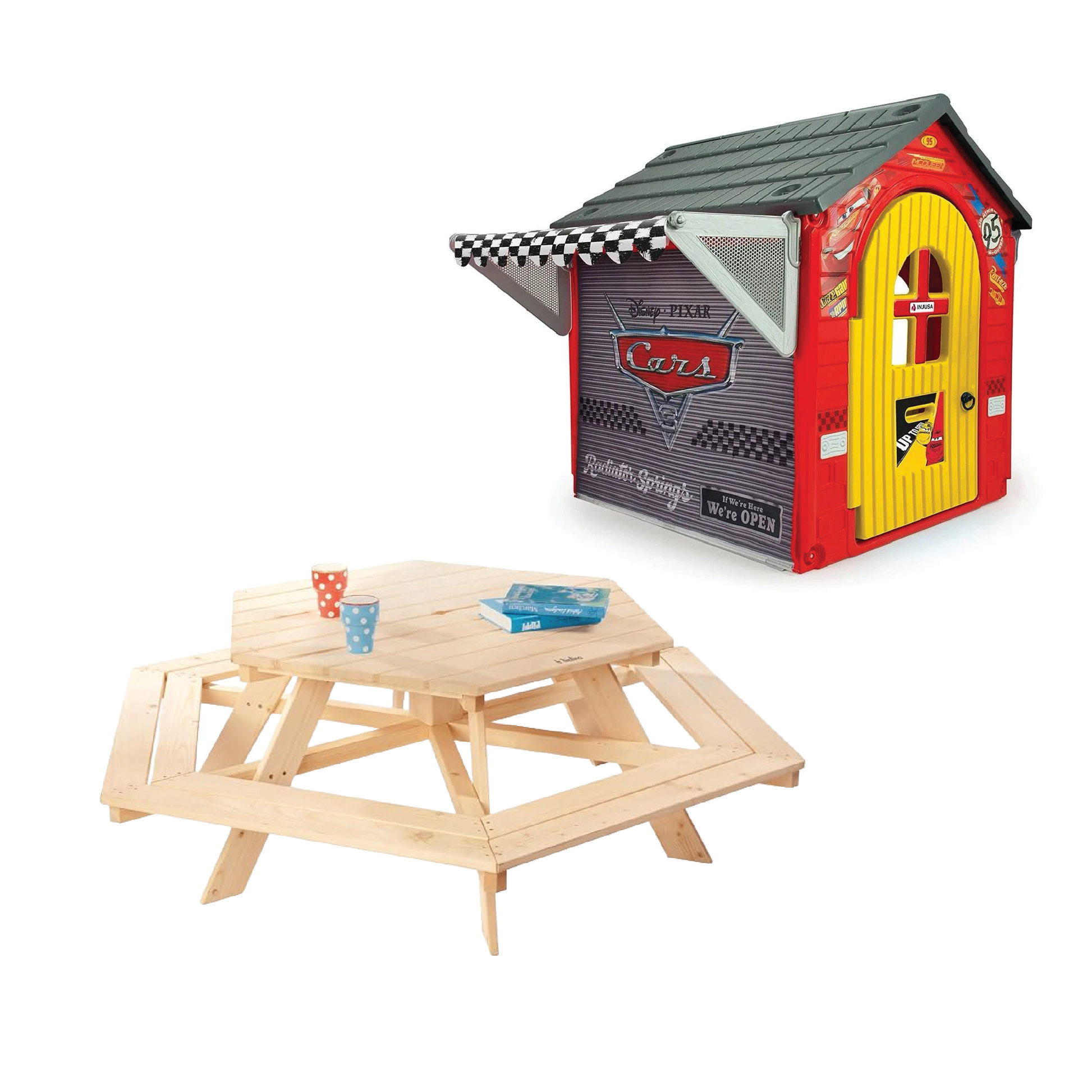 Play bundle with wooden picnic table and red toy house
