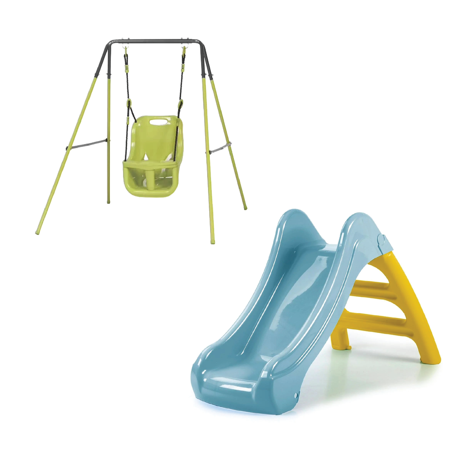 Toddler swing and slide set with green swing seat and blue slide with yellow base