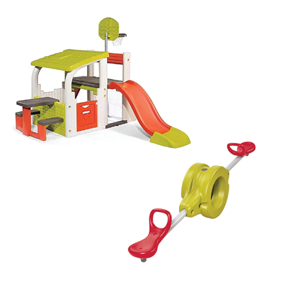 Plastic water seesaw playset with slide, hoops, and hand pump