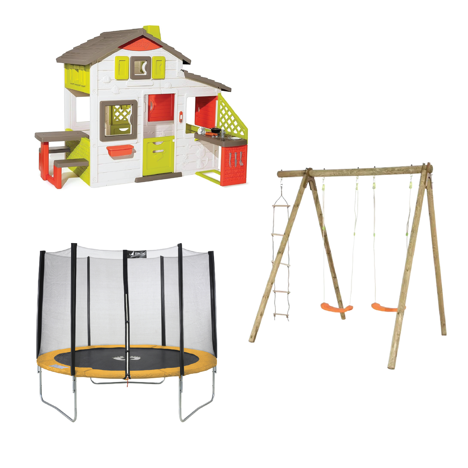 Playground playset bundle with playhouse, trampoline, and outdoor swing set