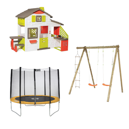 Playground playset bundle with playhouse, trampoline, and outdoor swing set
