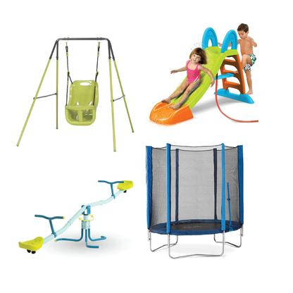 Kids activity bundle with swing seat, slide, mini trampoline, and ride-on