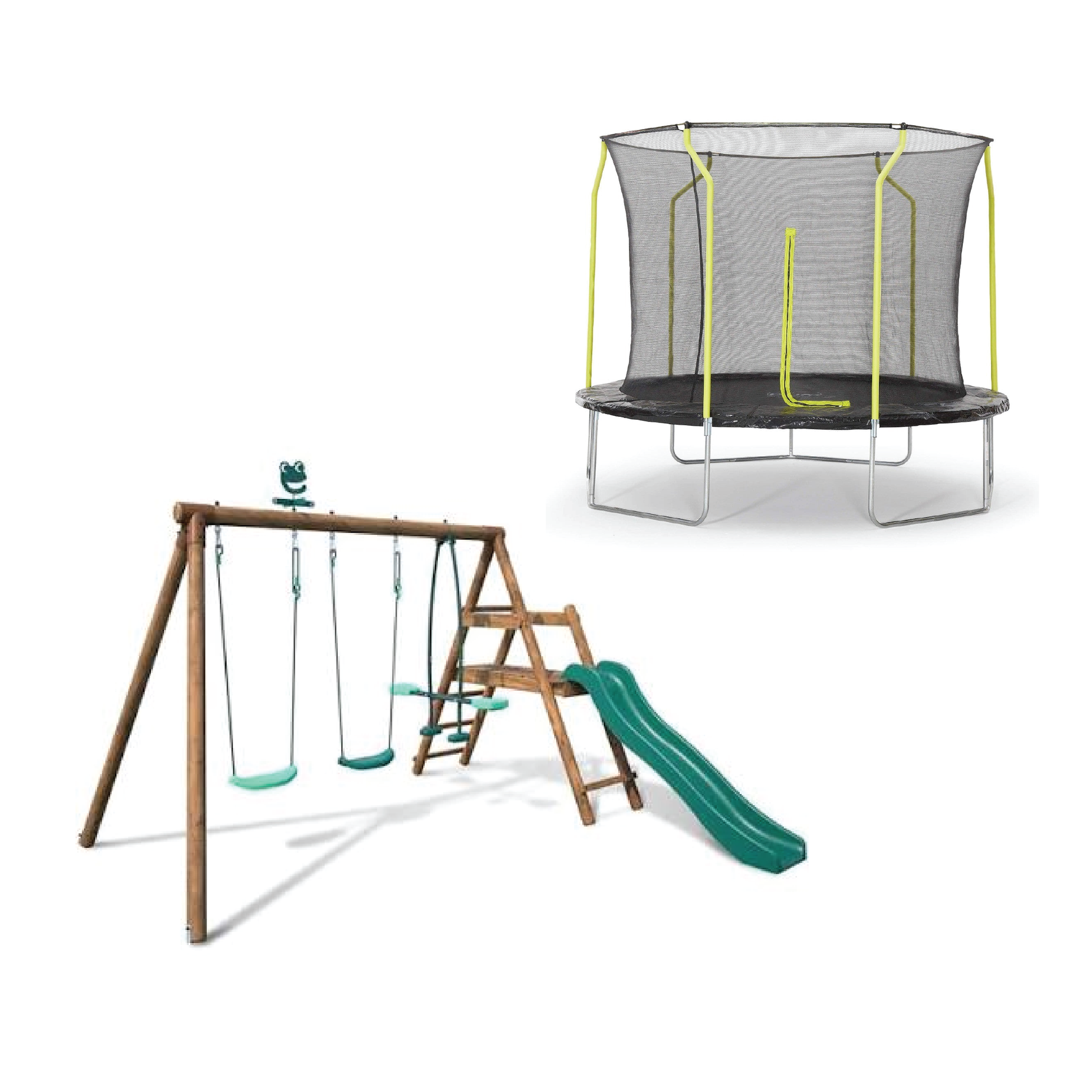 Play trampoline and swing set with mesh enclosure, ladder, slide, and teal swing seats