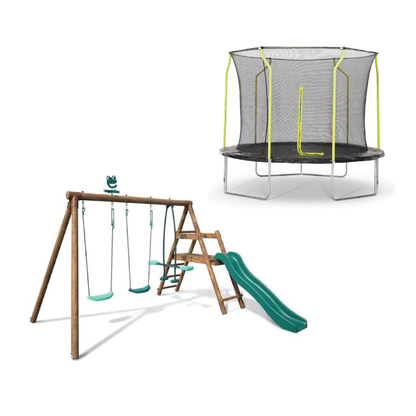 Play trampoline and swing set with mesh enclosure, ladder, slide, and teal swing seats